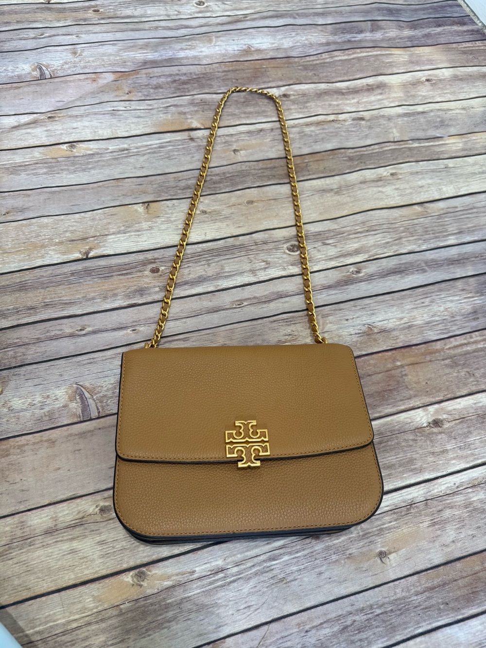 Tory Burch Camel Pebbled Leather Shoulder Bag with Gold Hardware